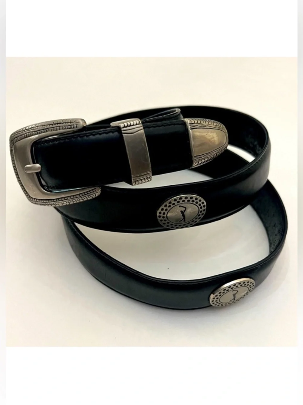 PGA TOUR Men’s Black Leather Silver Golf Medallions Embellished Golf Belt